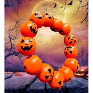 Jack O Lantern Halloween Stretch Bracelet New Wooden Beads Orange Festiv…